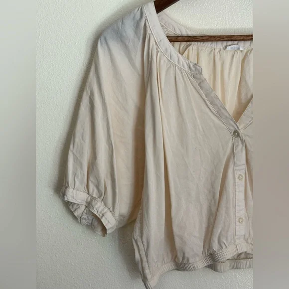 Aerie Women’s Button Front Cropped Top Beige Cream Puff Sleeve Size L - Picture 3 of 8